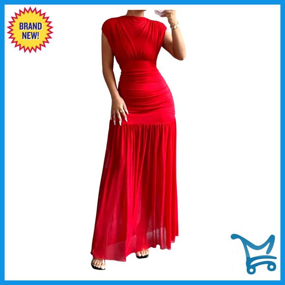 Dresses & Skirts - Mesh Bodycon Maxi Dress Mock Neck Cap Sleeve Elegant Cocktail Party Wear